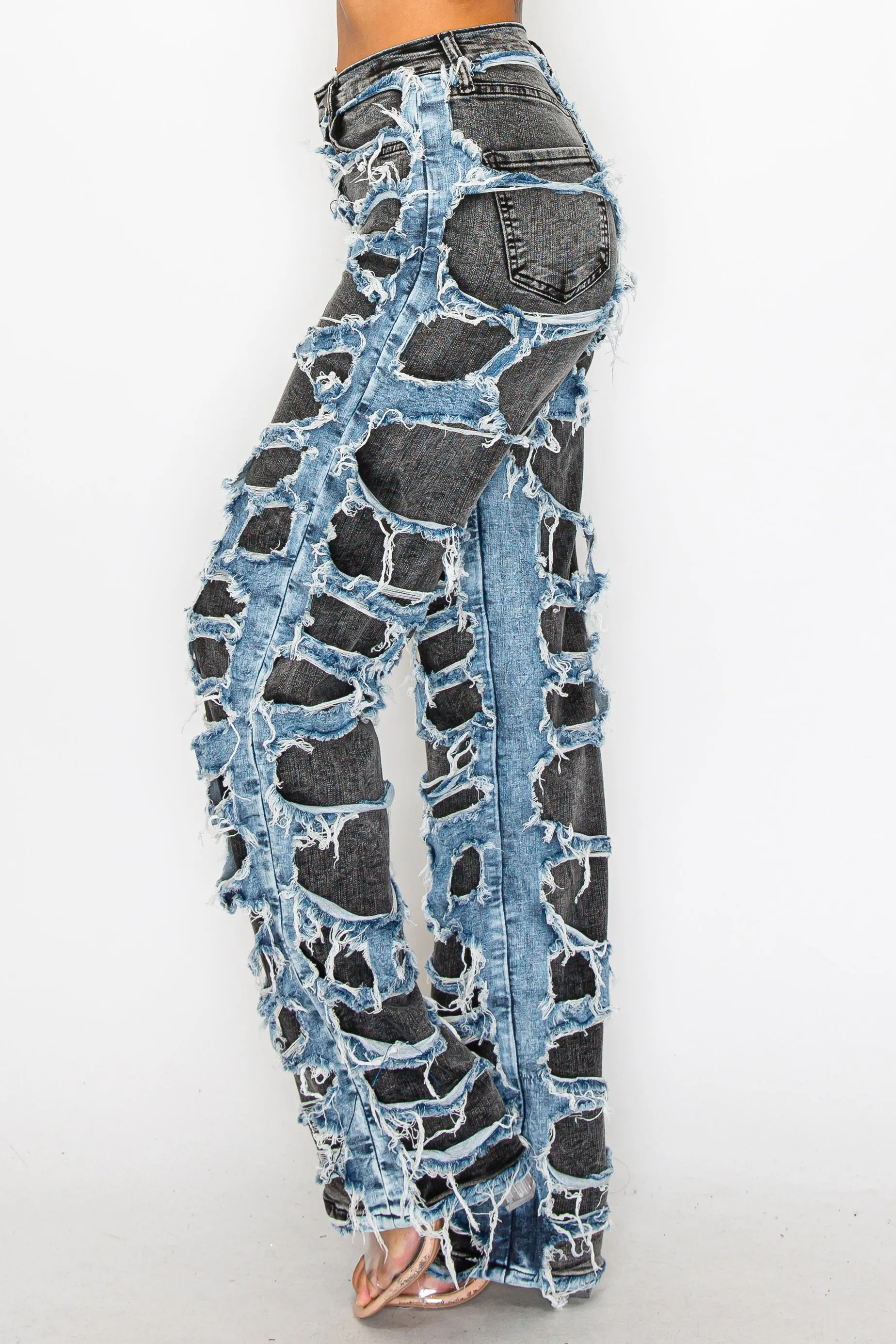 40663 High Rise Straight Leg Acid Washed Jeans W/ Frayed Outer Layer Contrast