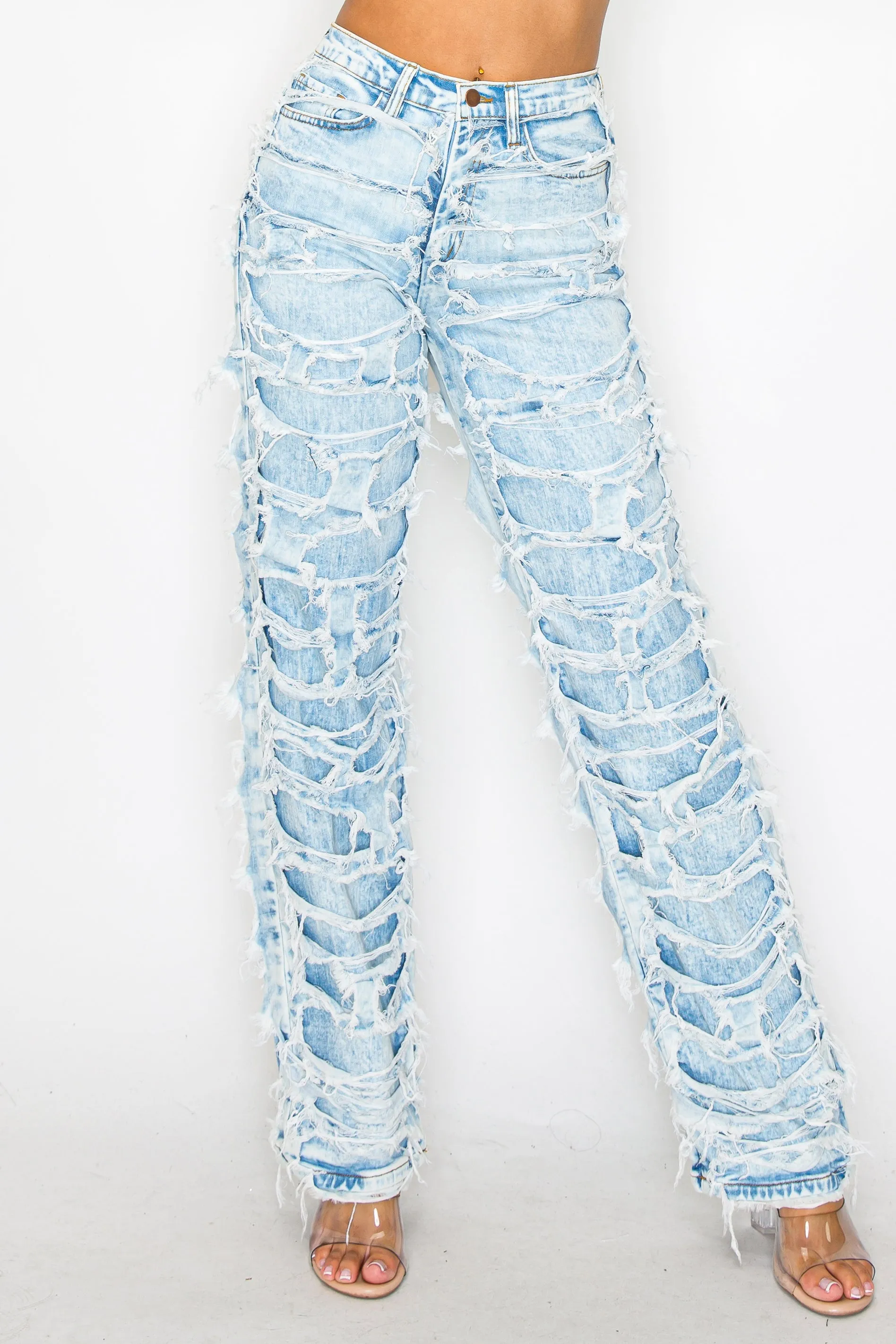 40663 High Rise Straight Leg Acid Washed Jeans W/ Frayed Outer Layer Contrast