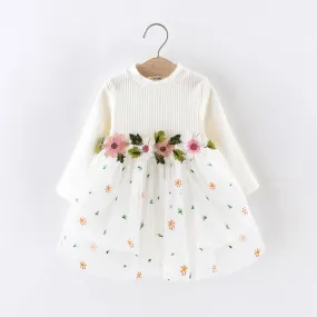 Baby Girl White Ribbed Long-sleeve Splicing Floral Embroidered Mesh Fairy Dress