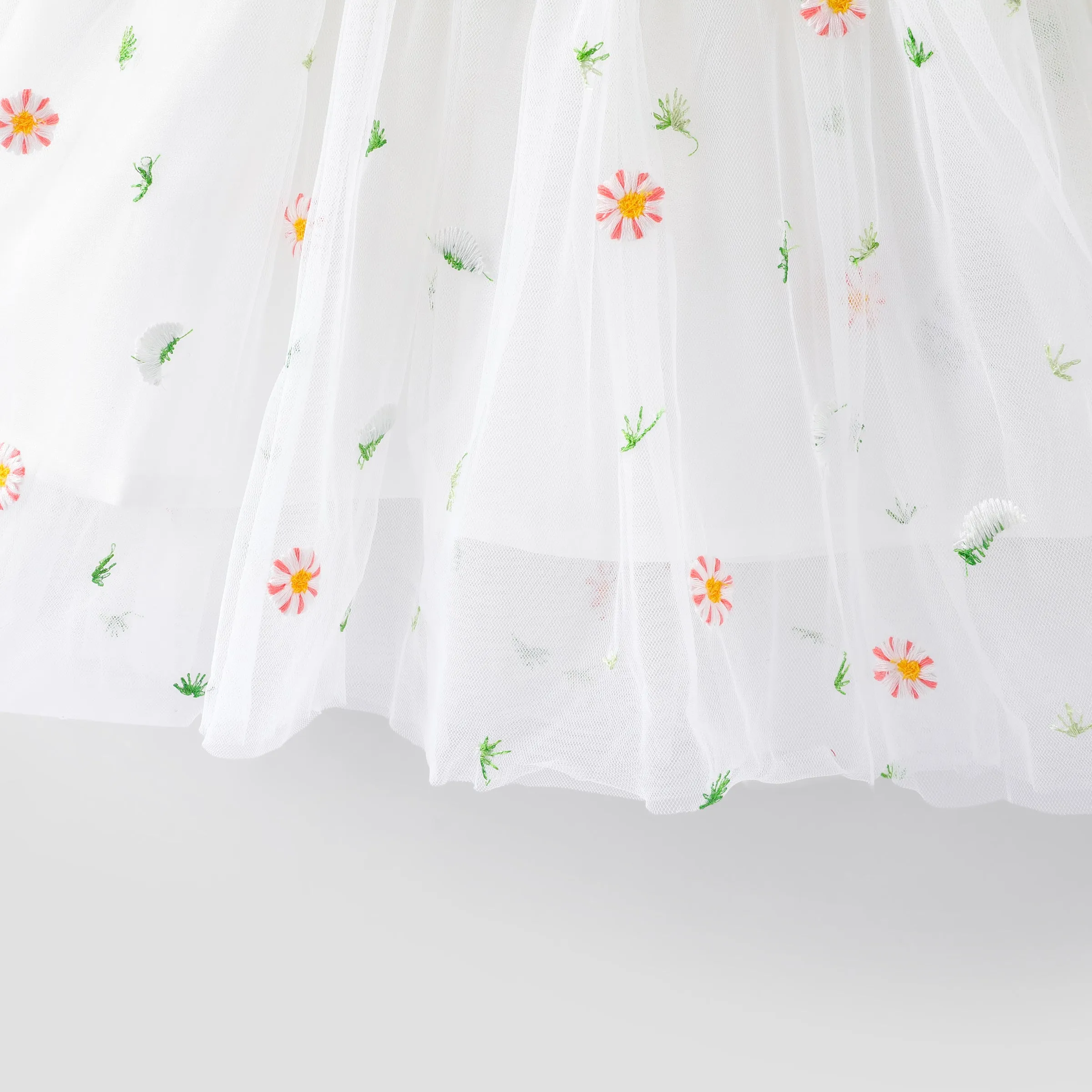 Baby Girl White Ribbed Long-sleeve Splicing Floral Embroidered Mesh Fairy Dress