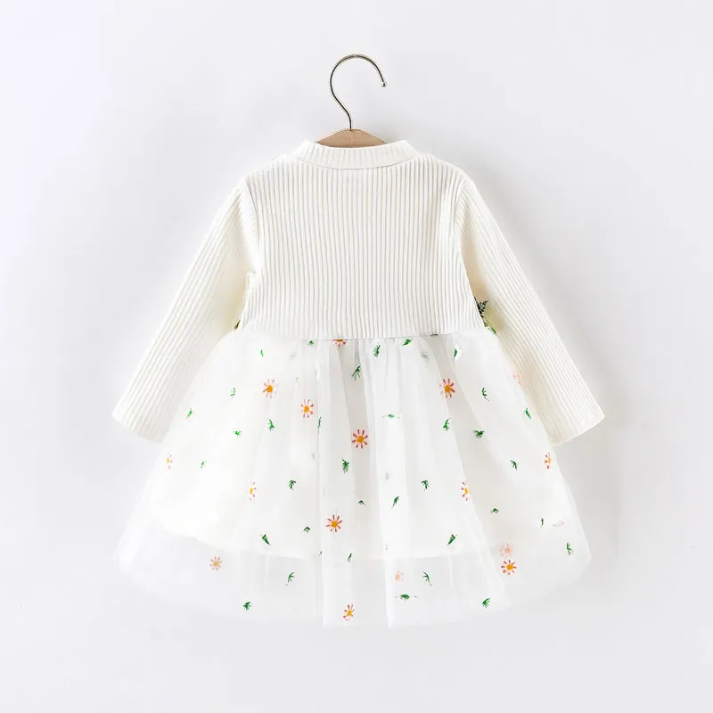 Baby Girl White Ribbed Long-sleeve Splicing Floral Embroidered Mesh Fairy Dress