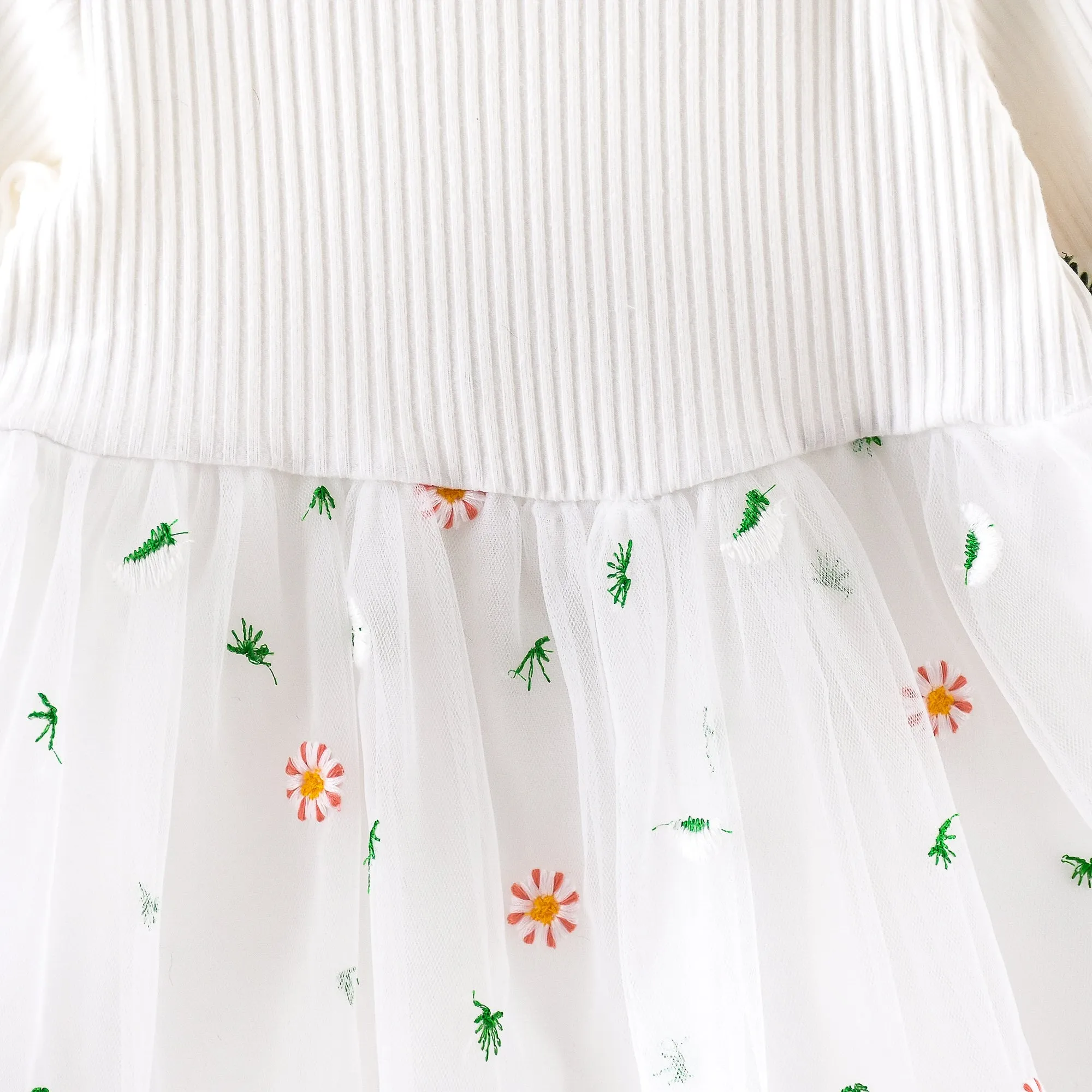 Baby Girl White Ribbed Long-sleeve Splicing Floral Embroidered Mesh Fairy Dress