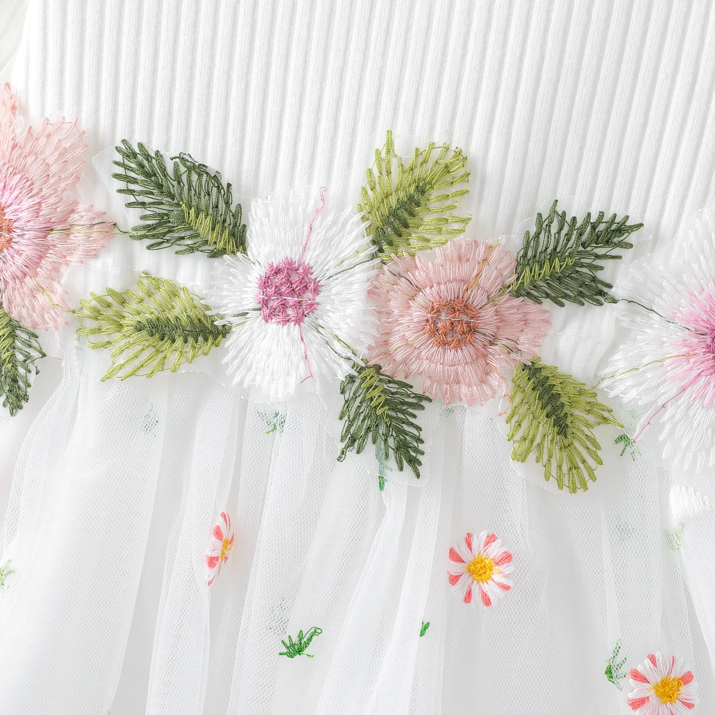 Baby Girl White Ribbed Long-sleeve Splicing Floral Embroidered Mesh Fairy Dress