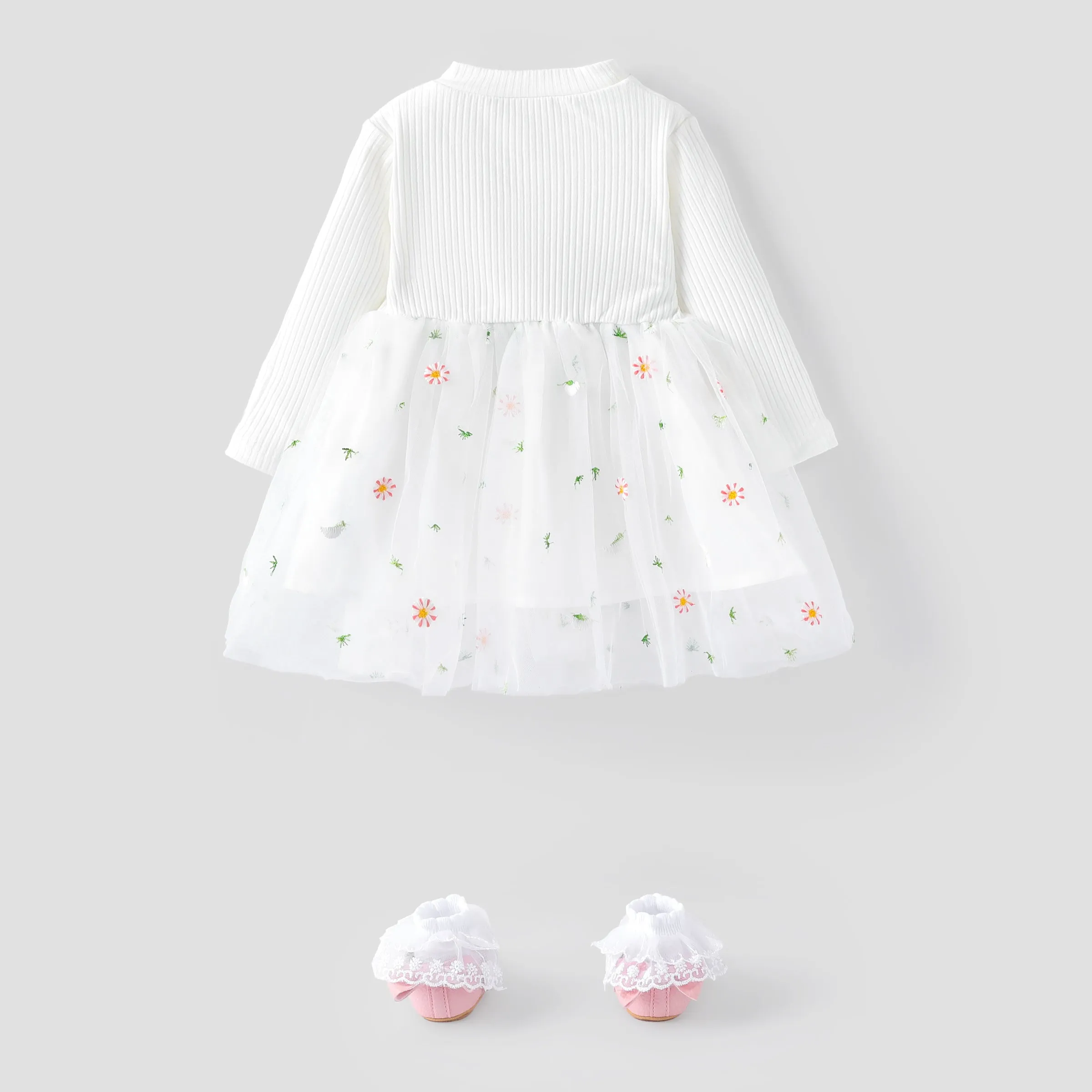 Baby Girl White Ribbed Long-sleeve Splicing Floral Embroidered Mesh Fairy Dress