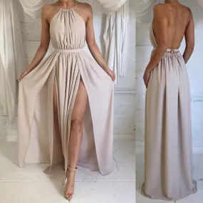 Beige Backless Chiffon Summer Party Prom Dress