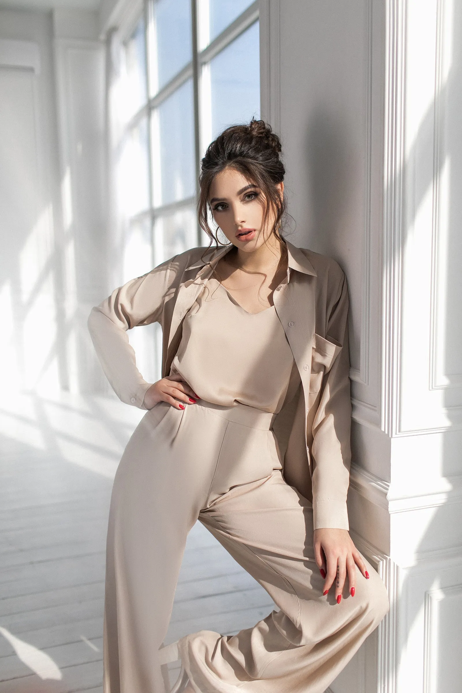 Beige Shirt & High Waist Pants 2-Piece Set