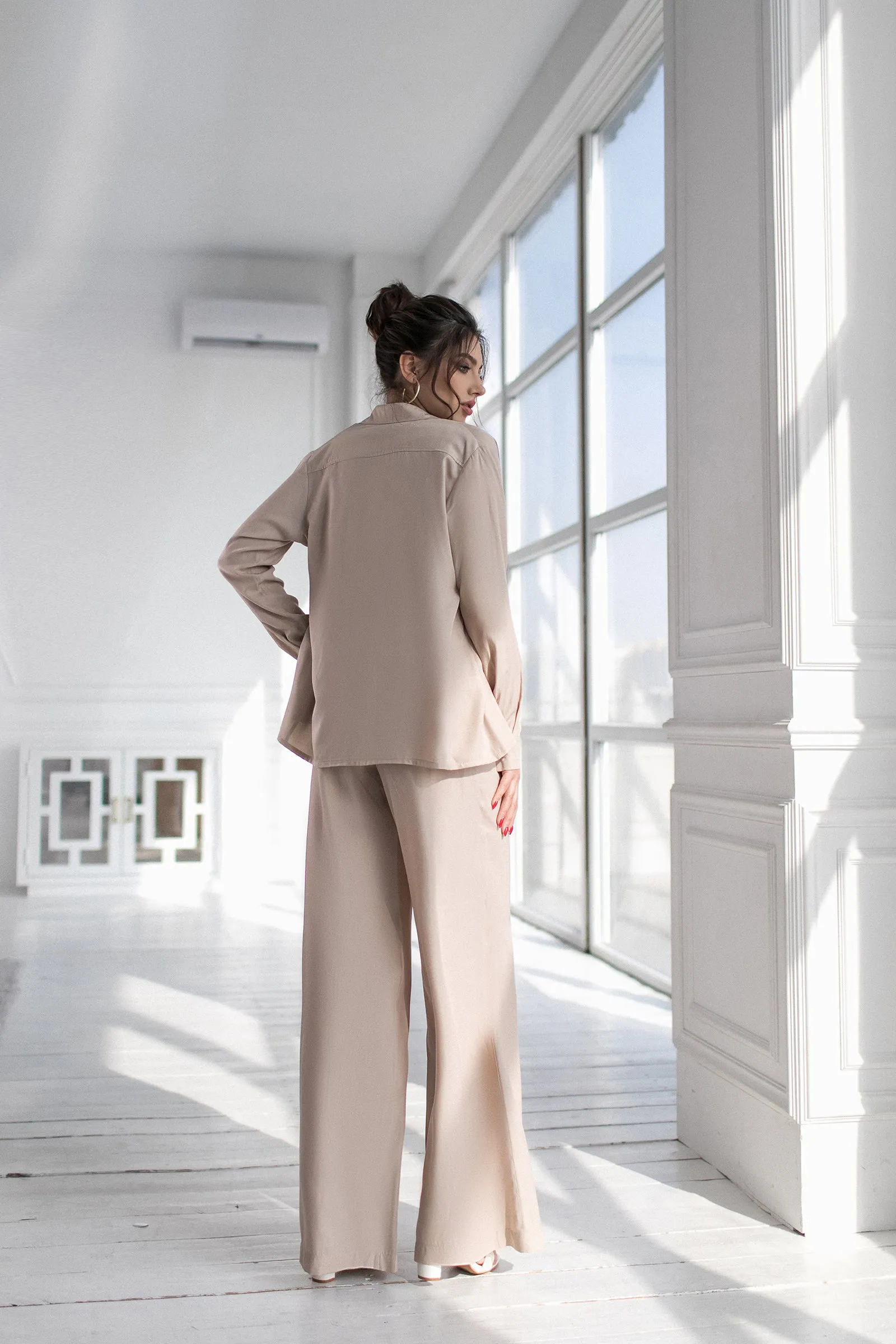 Beige Shirt & High Waist Pants 2-Piece Set