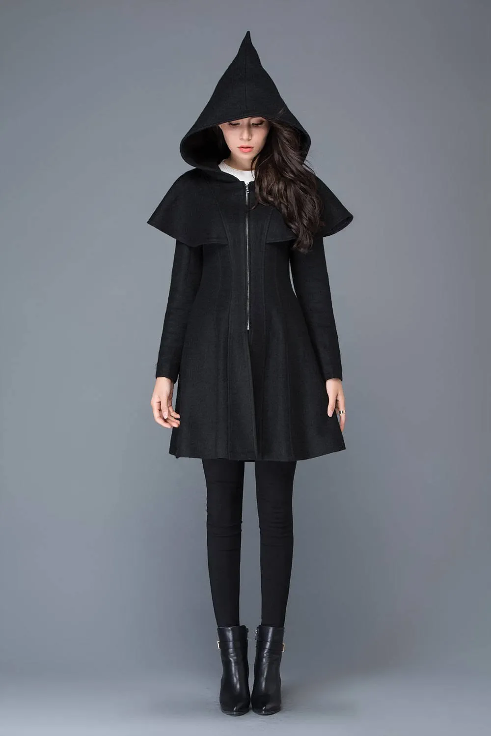 black coat, Wool coat, womens coats, winter coat, black wool coat, hooded cloak, hoody coat, wool coat women, vintage wool coat C1023