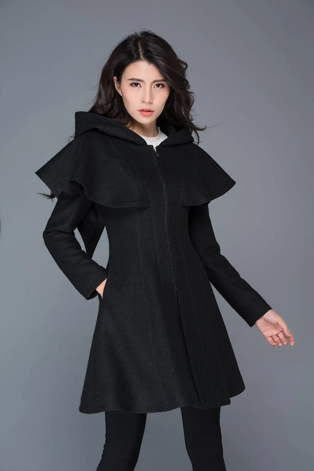 black coat, Wool coat, womens coats, winter coat, black wool coat, hooded cloak, hoody coat, wool coat women, vintage wool coat C1023