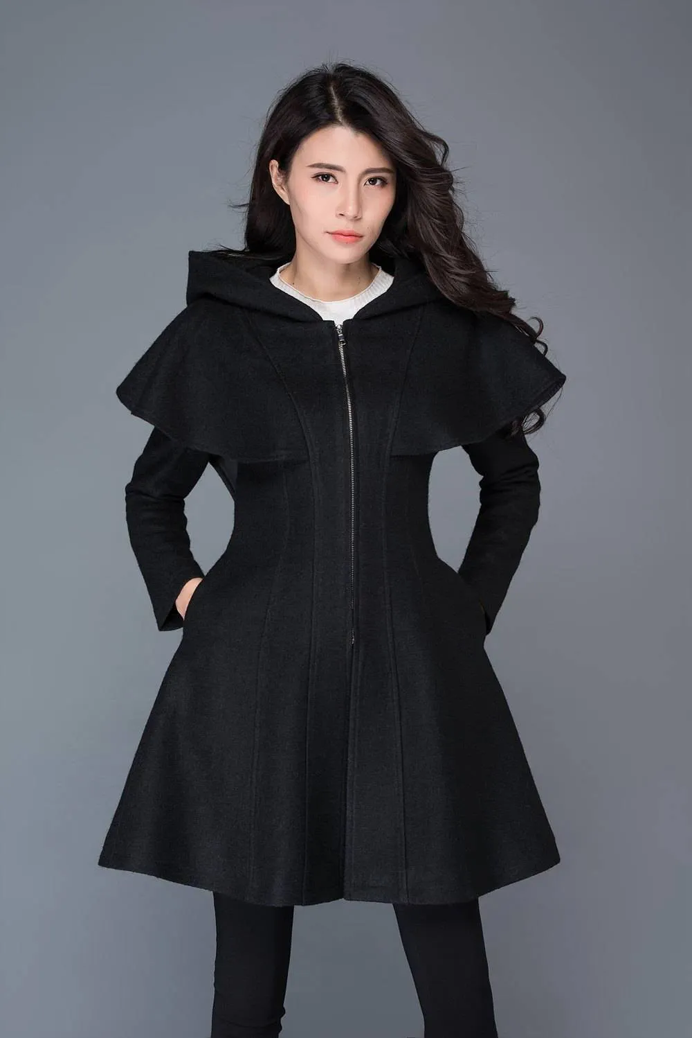black coat, Wool coat, womens coats, winter coat, black wool coat, hooded cloak, hoody coat, wool coat women, vintage wool coat C1023