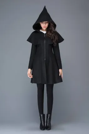 black coat, Wool coat, womens coats, winter coat, black wool coat, hooded cloak, hoody coat, wool coat women, vintage wool coat C1023