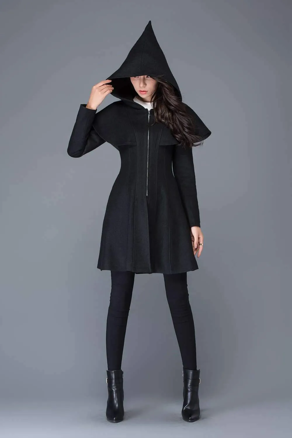 black coat, Wool coat, womens coats, winter coat, black wool coat, hooded cloak, hoody coat, wool coat women, vintage wool coat C1023