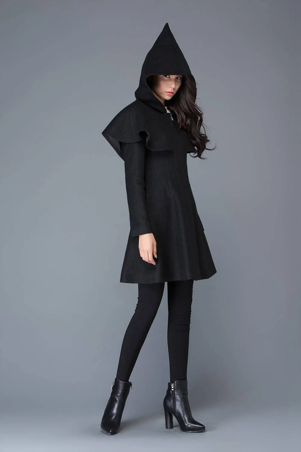 black coat, Wool coat, womens coats, winter coat, black wool coat, hooded cloak, hoody coat, wool coat women, vintage wool coat C1023