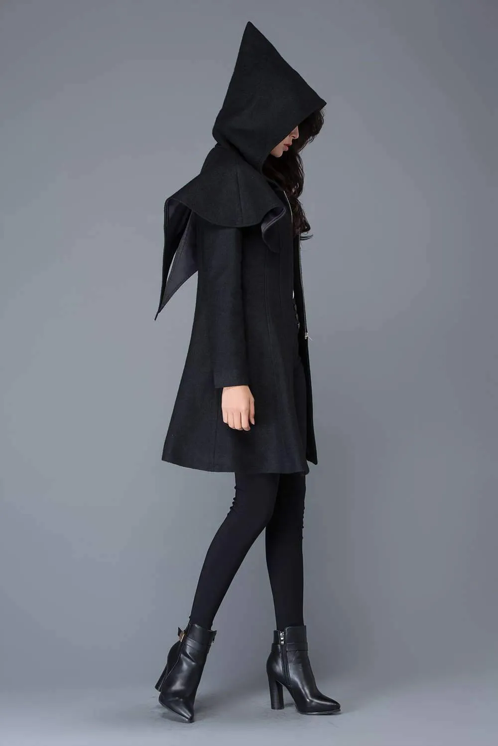 black coat, Wool coat, womens coats, winter coat, black wool coat, hooded cloak, hoody coat, wool coat women, vintage wool coat C1023