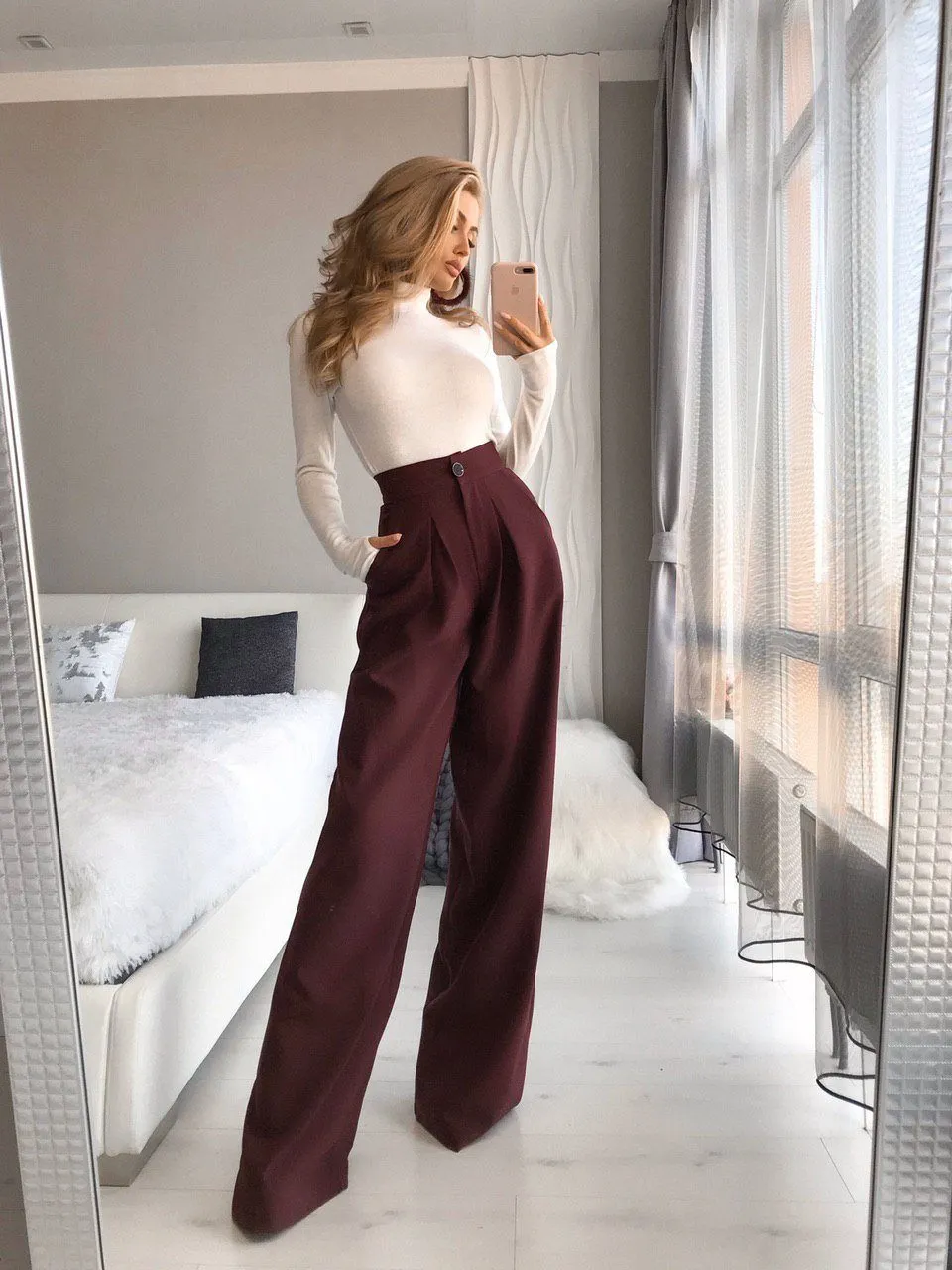 Bordeaux High Waist Fitted Palazzo Pants