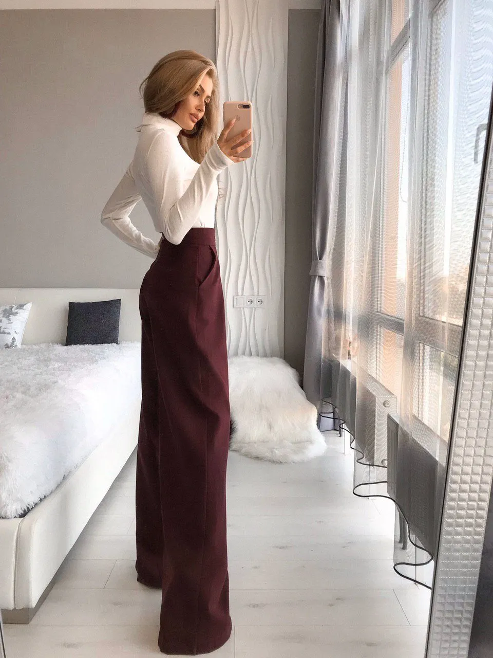 Bordeaux High Waist Fitted Palazzo Pants