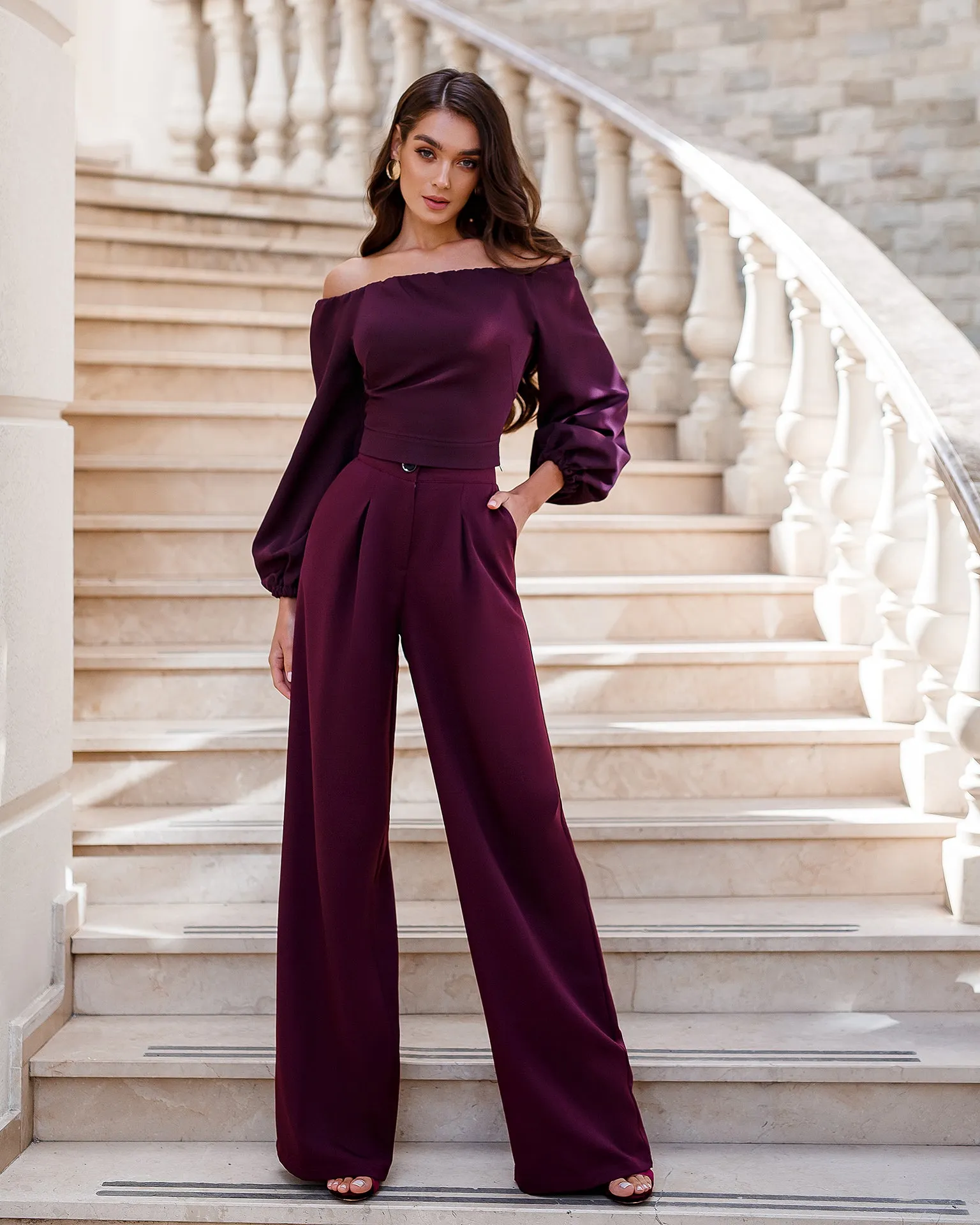 Bordeaux High Waist Fitted Palazzo Pants