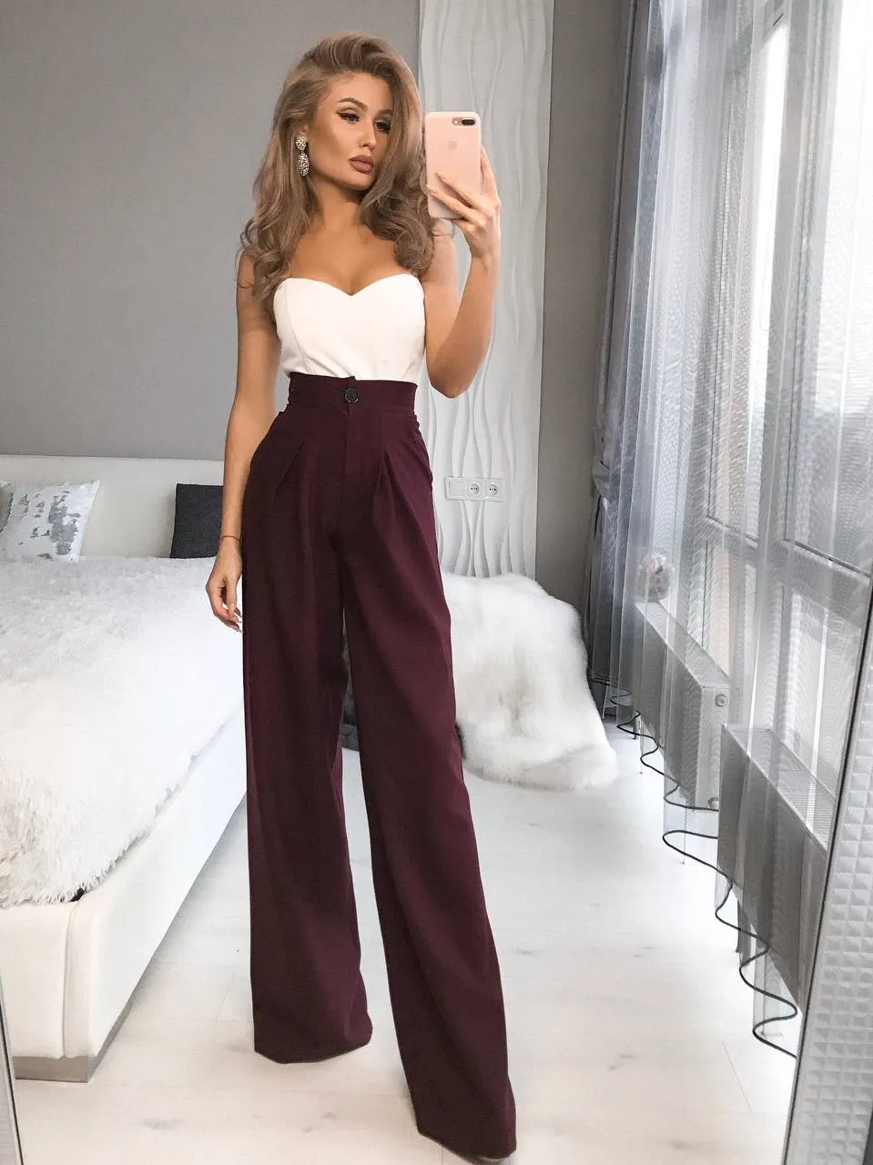Bordeaux High Waist Fitted Palazzo Pants