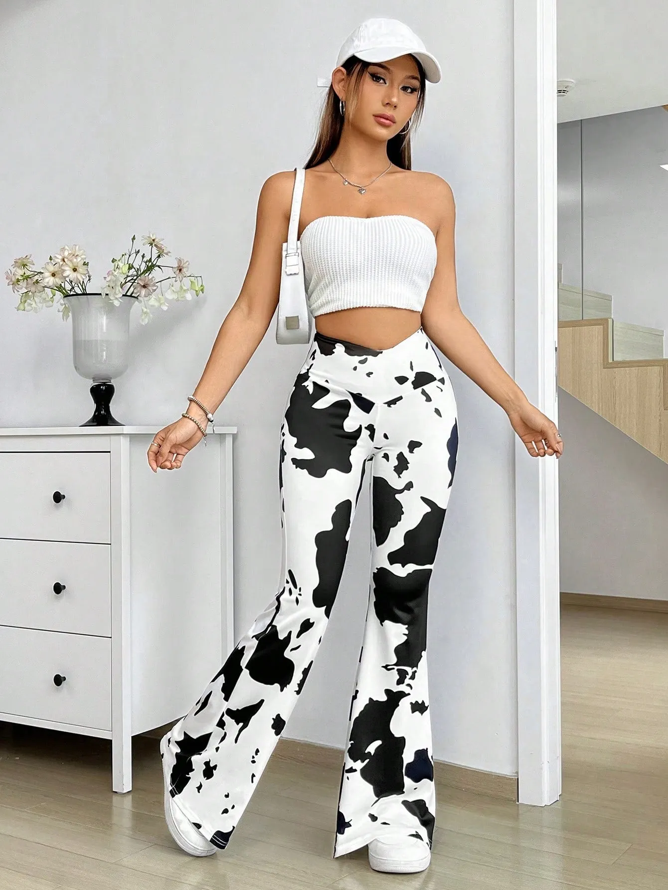 Cow Print High Waist Flare Pants SS24