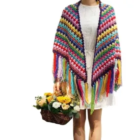 CQL Women's Elegant Fashion Multicolor Handmade Crochet Poncho Scarf
