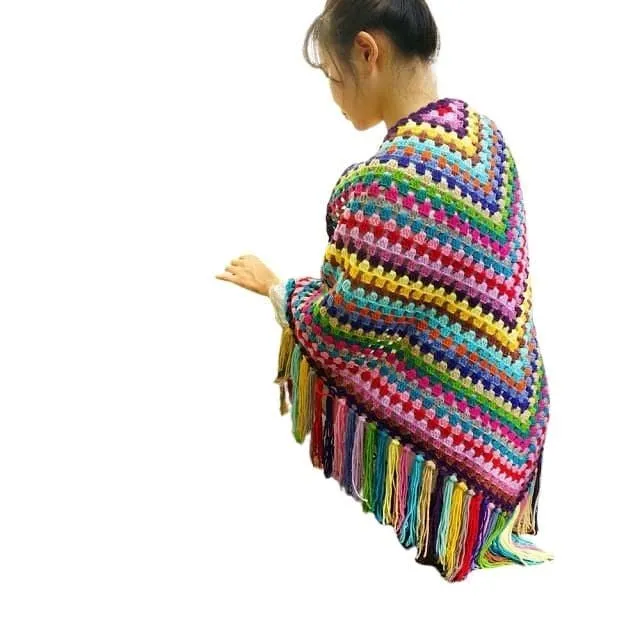 CQL Women's Elegant Fashion Multicolor Handmade Crochet Poncho Scarf