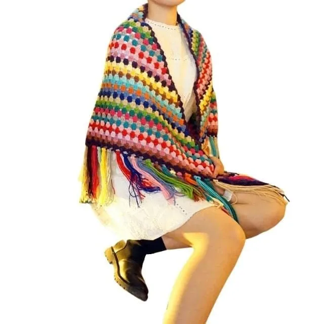 CQL Women's Elegant Fashion Multicolor Handmade Crochet Poncho Scarf