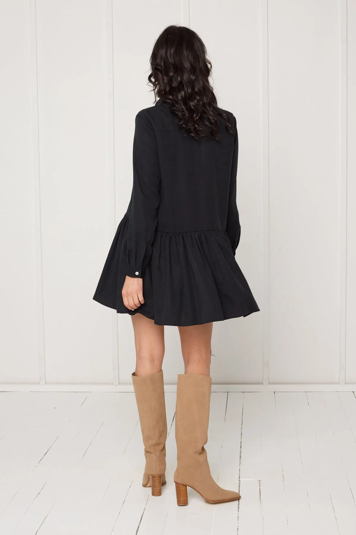 DANA tencel shirt dress with front frill in black