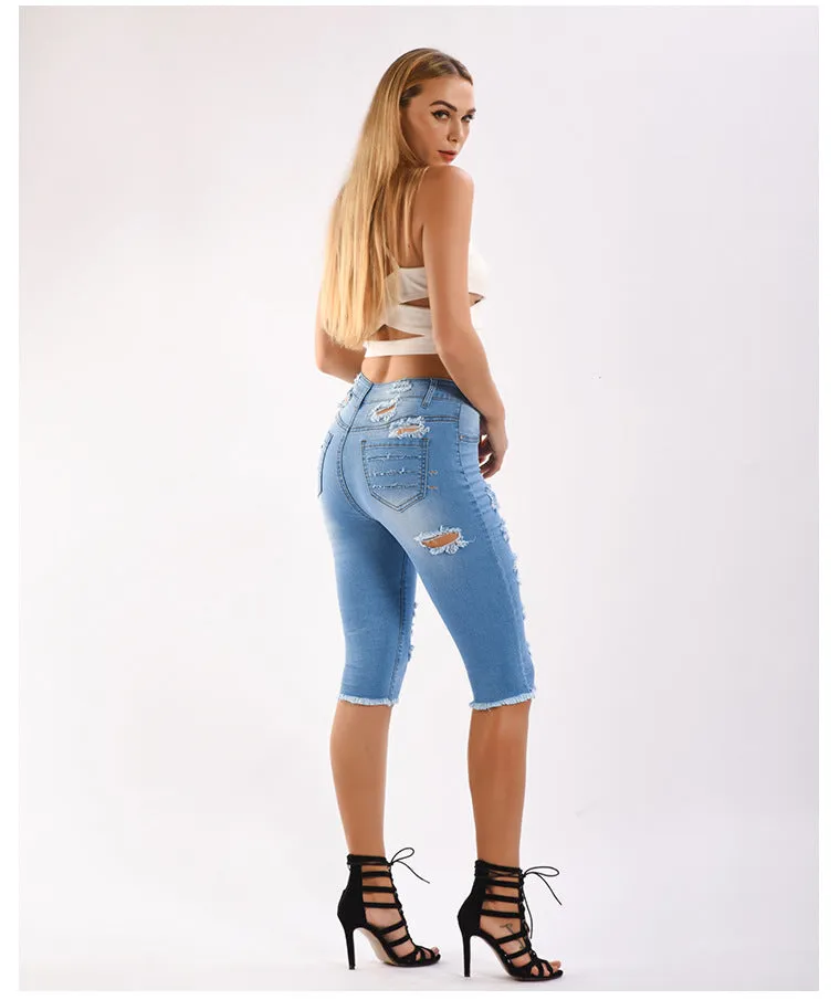 Denim Hole Ripped Distressed Knee Length Stretch Wholesale Jean Shorts