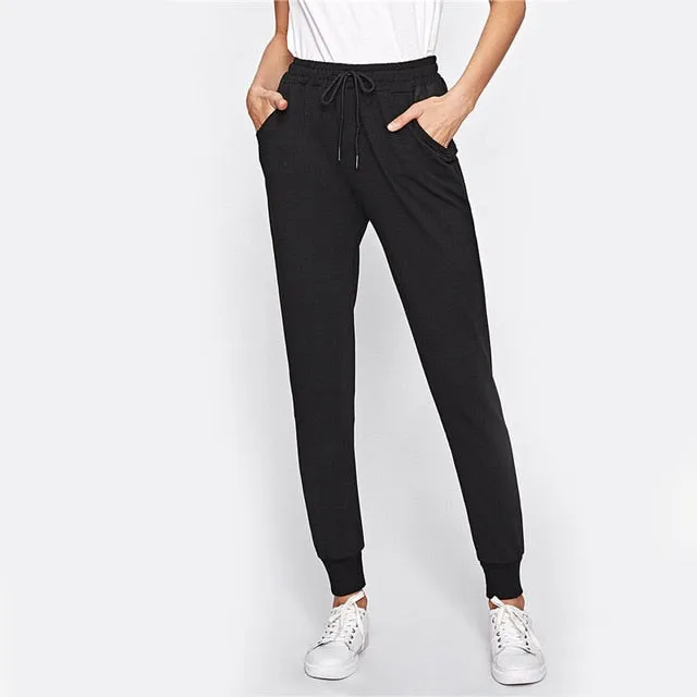 Dotfashion Drawstring Waist Fitness Sweatpants 2018 Autumn Black Mid Waist Solid Trousers Women Pocket Long Pants