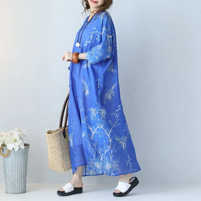 Fine blue prints long linen dress trendy plus size v neck gown Fine bracelet sleeved kaftans