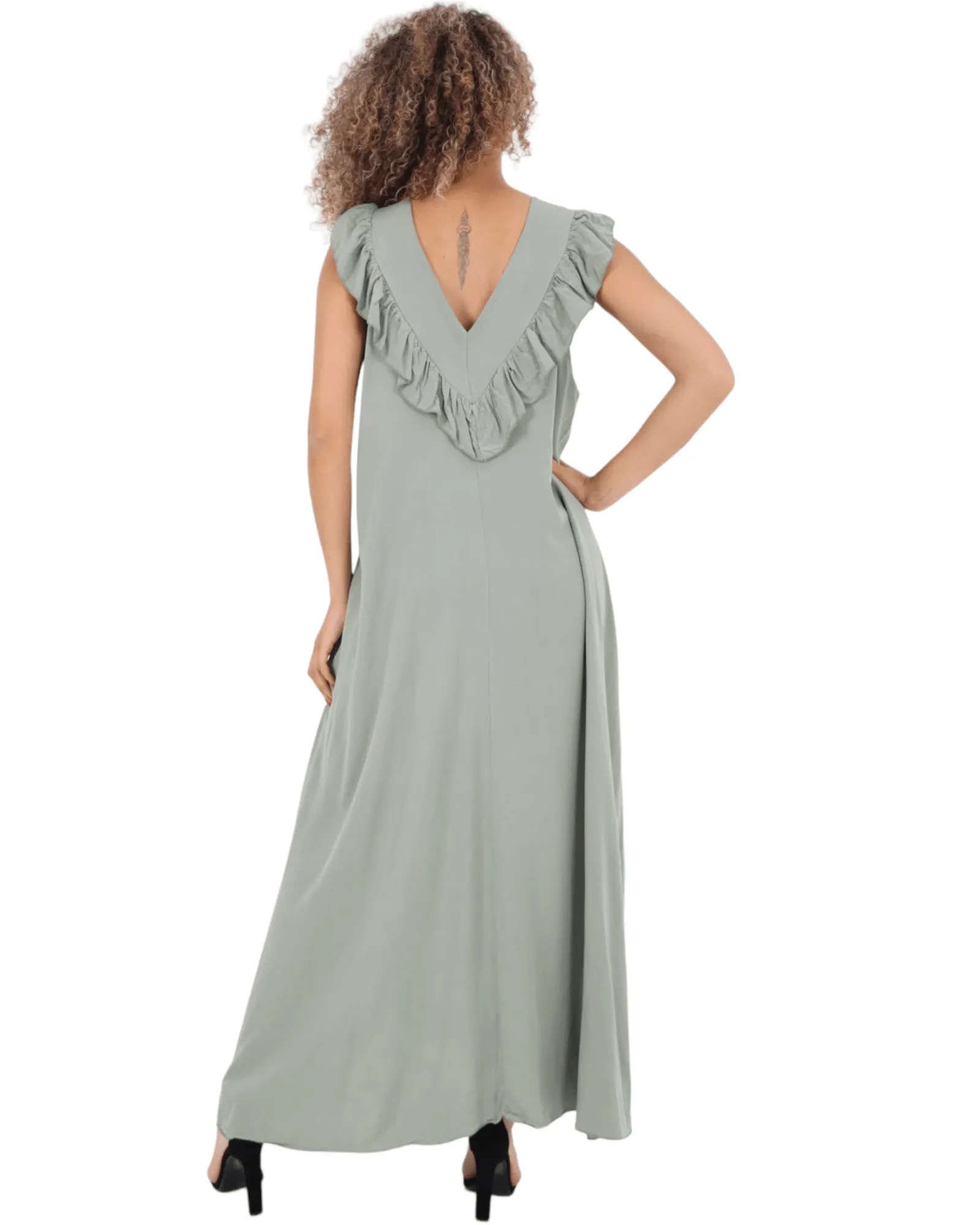 Frill V Neck Side Pockets Maxi Dress
