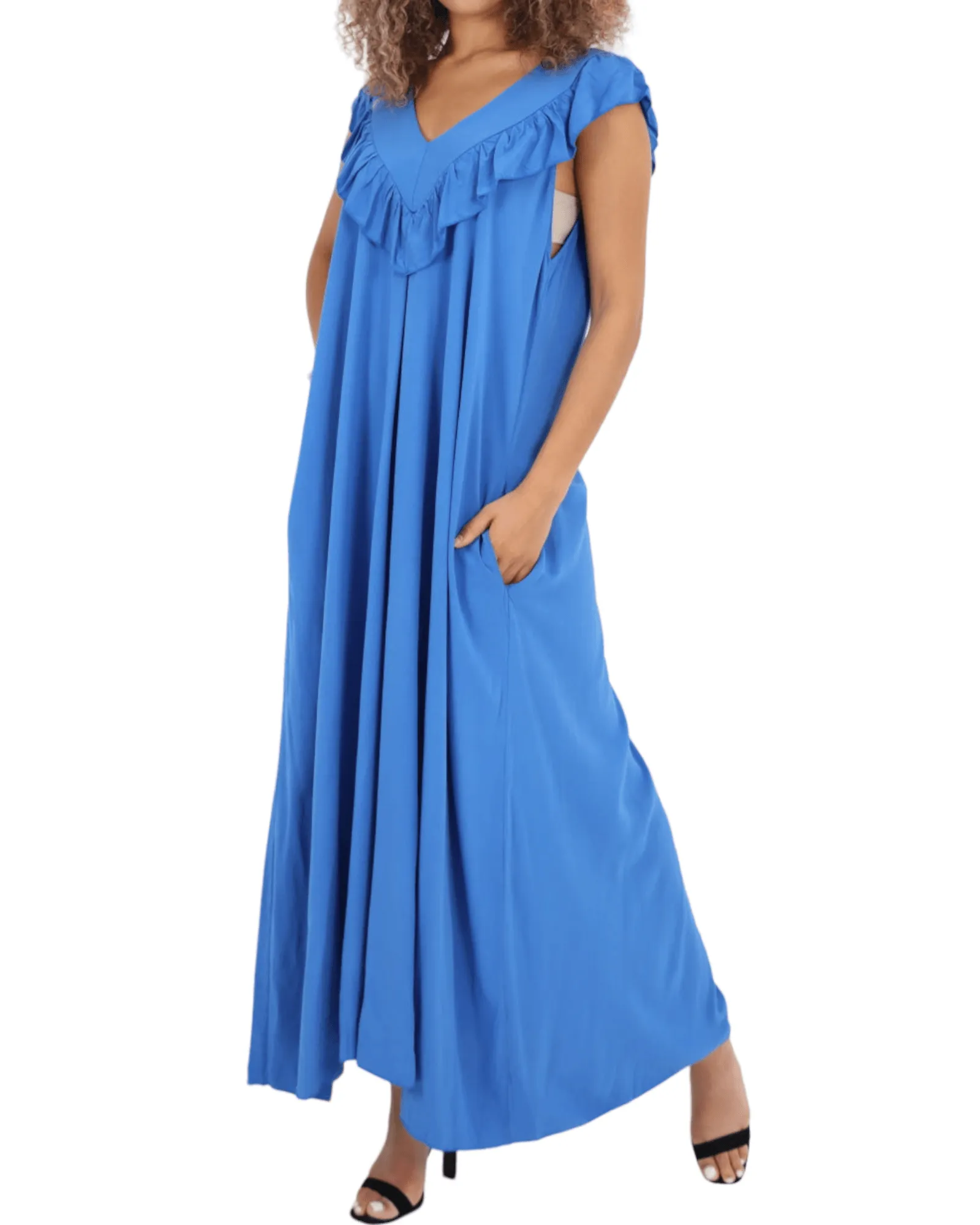 Frill V Neck Side Pockets Maxi Dress