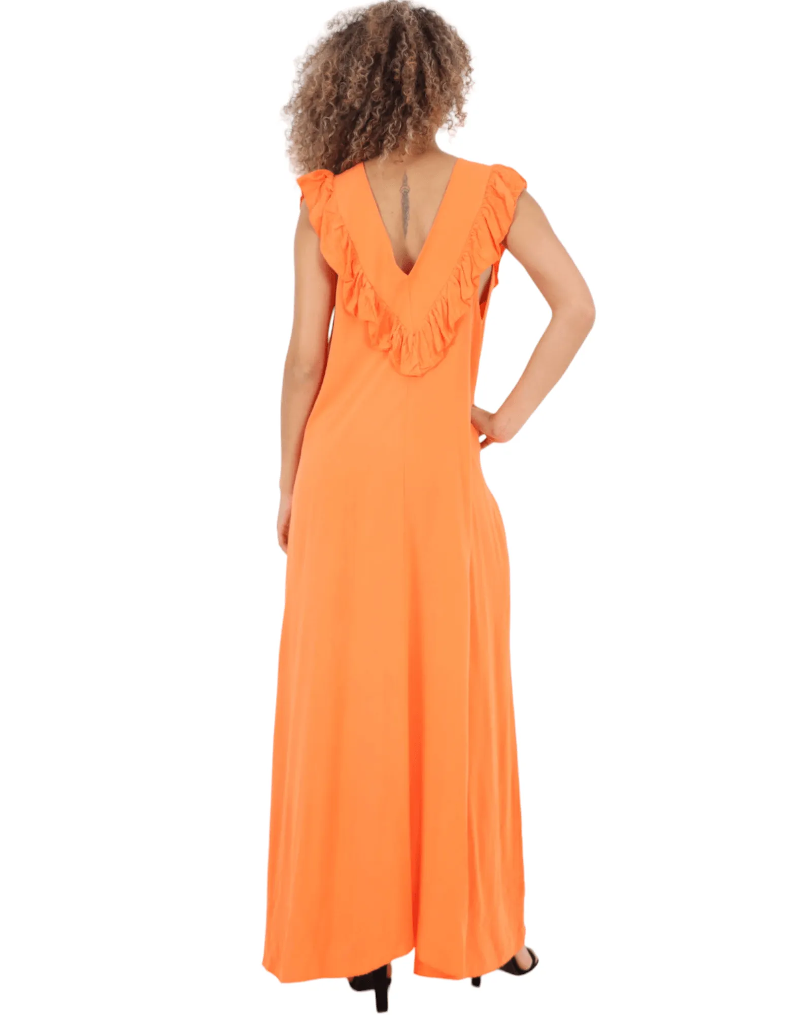 Frill V Neck Side Pockets Maxi Dress