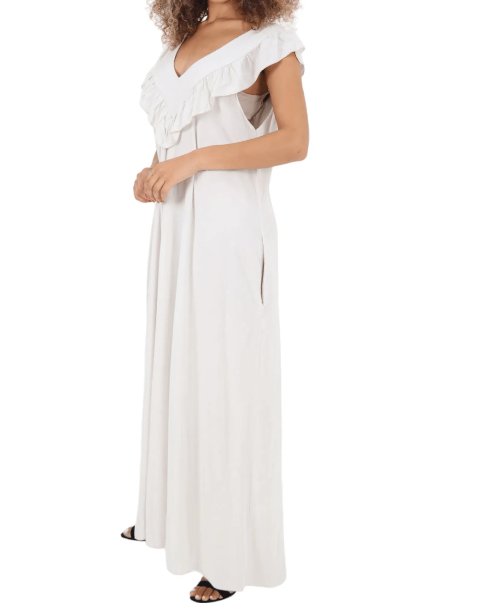 Frill V Neck Side Pockets Maxi Dress