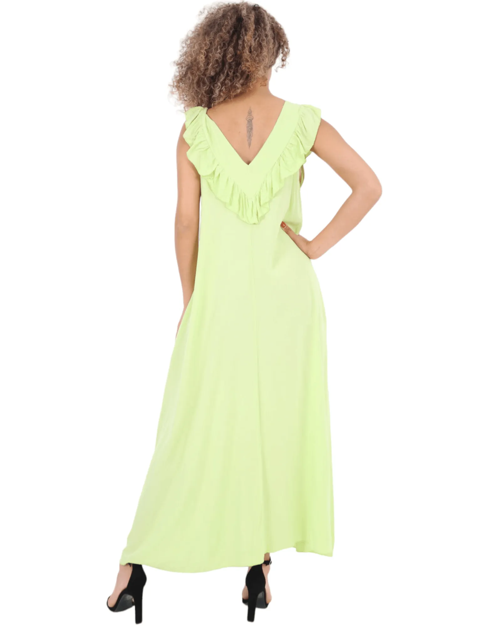 Frill V Neck Side Pockets Maxi Dress