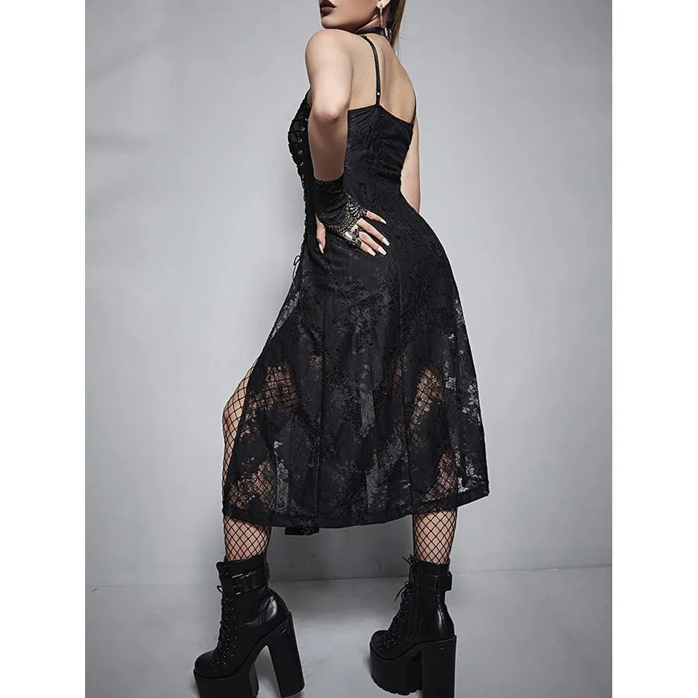 Gothic Dark Split Lace Sexy Midi Dresses, Fashionable Sleeveless Partywear For Women