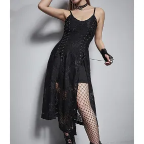 Gothic Dark Split Lace Sexy Midi Dresses, Fashionable Sleeveless Partywear For Women