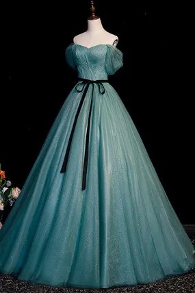 Green Tulle Off the Shoulder Floor Length Prom Evening Dress