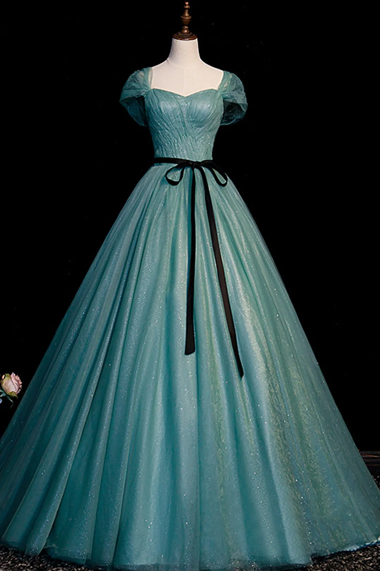 Green Tulle Off the Shoulder Floor Length Prom Evening Dress