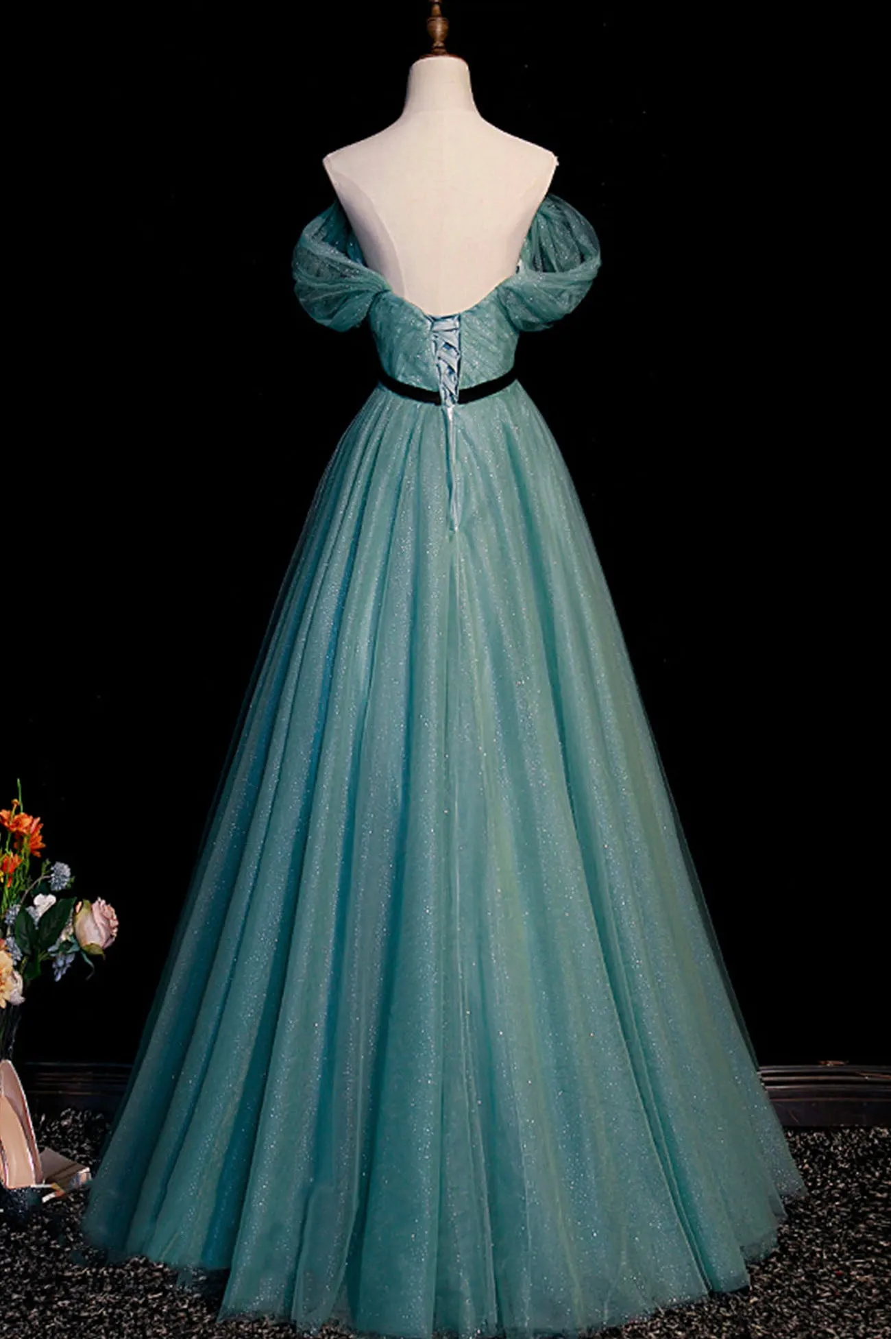 Green Tulle Off the Shoulder Floor Length Prom Evening Dress