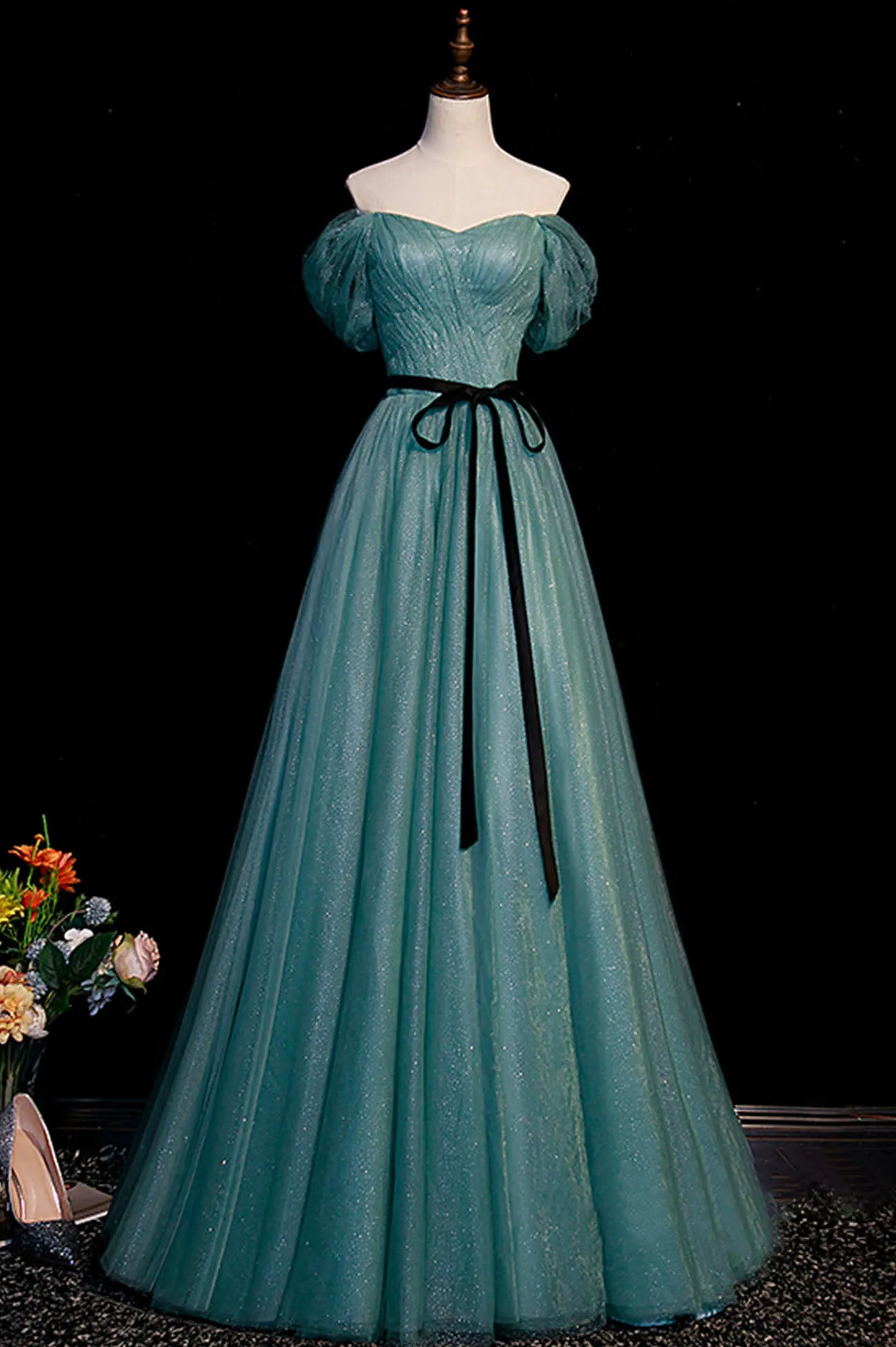 Green Tulle Off the Shoulder Floor Length Prom Evening Dress