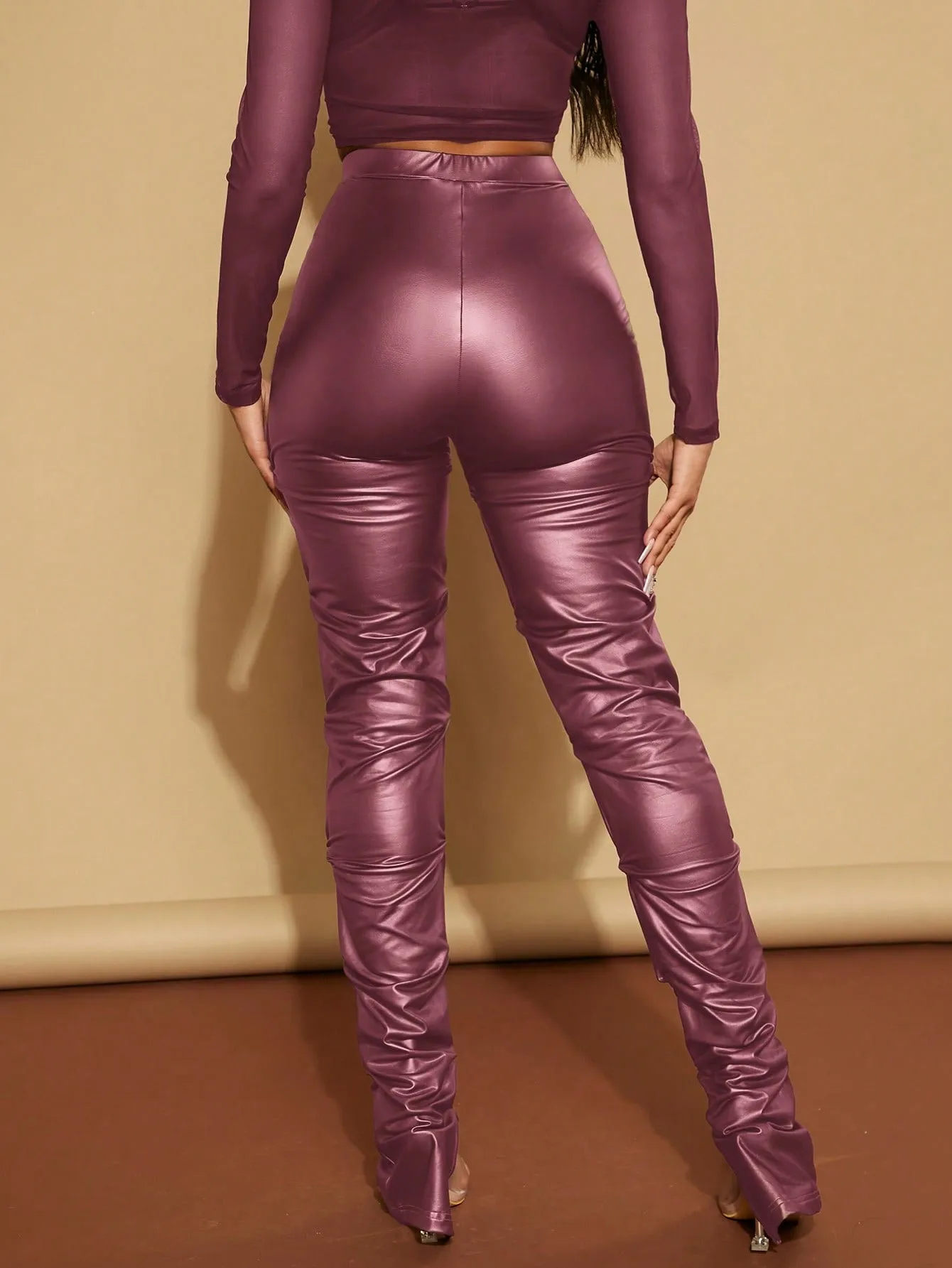 High Waist Ruched PU Leather Skinny Pants FW23