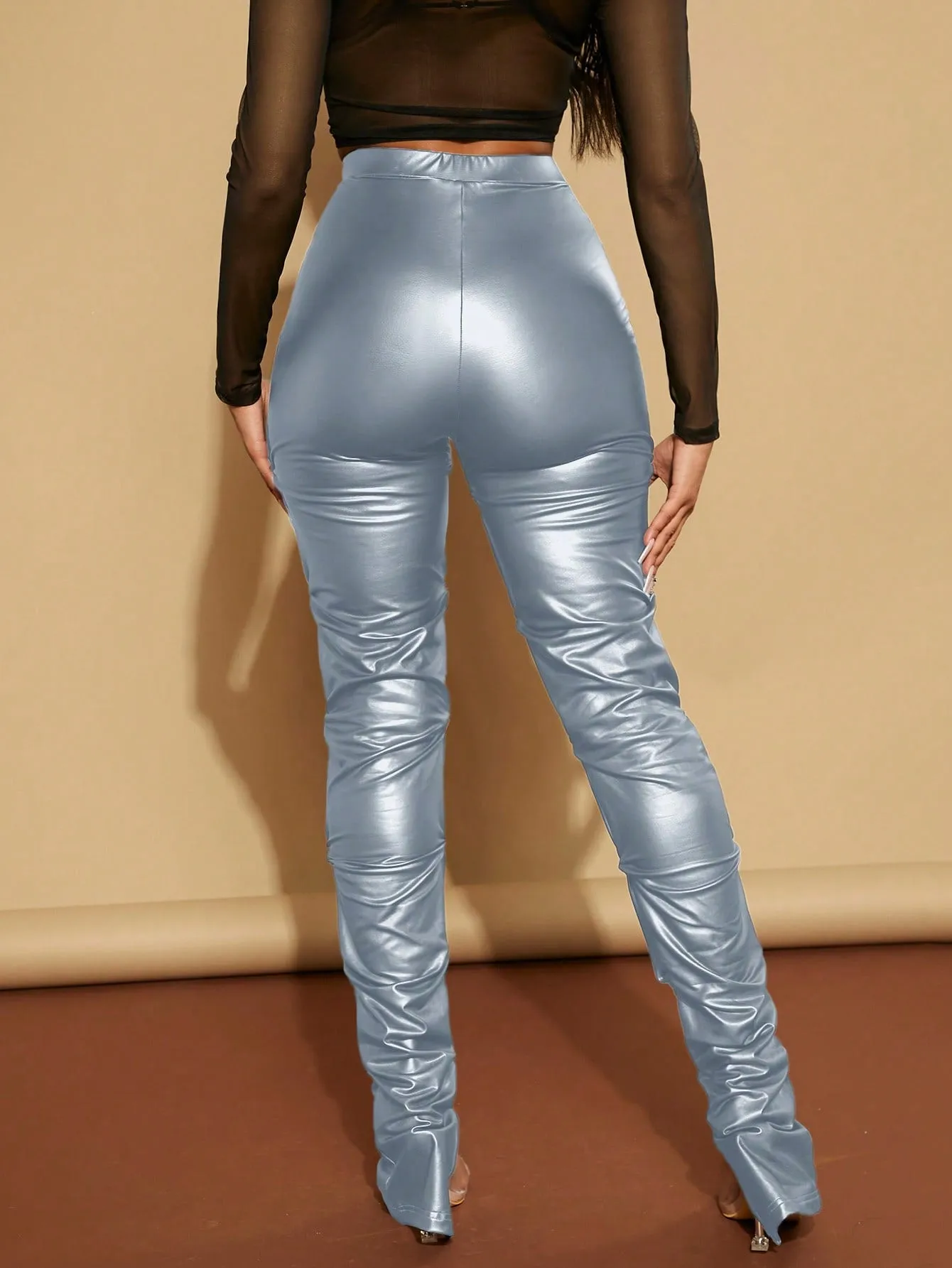 High Waist Ruched PU Leather Skinny Pants FW23