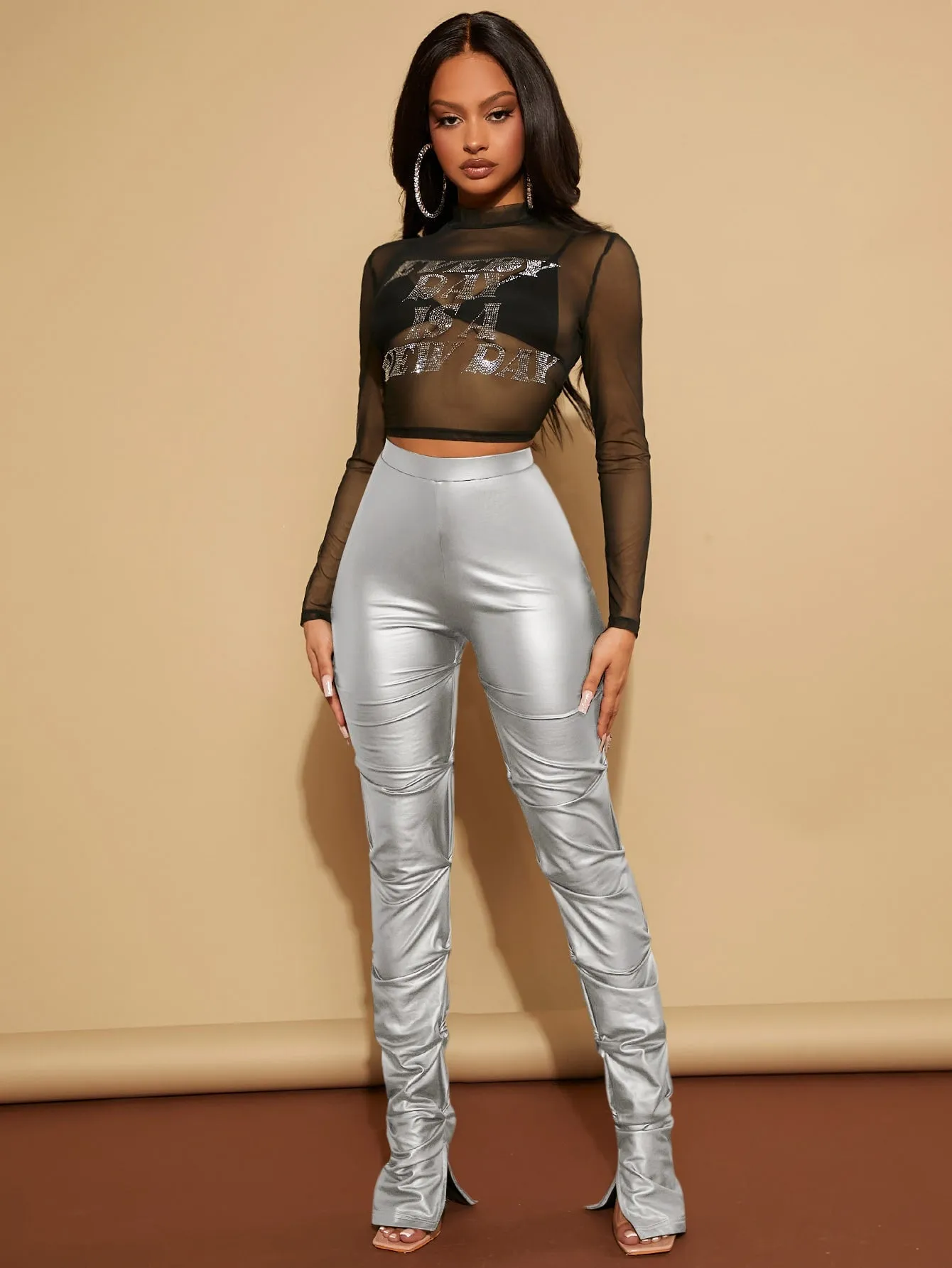 High Waist Ruched PU Leather Skinny Pants FW23