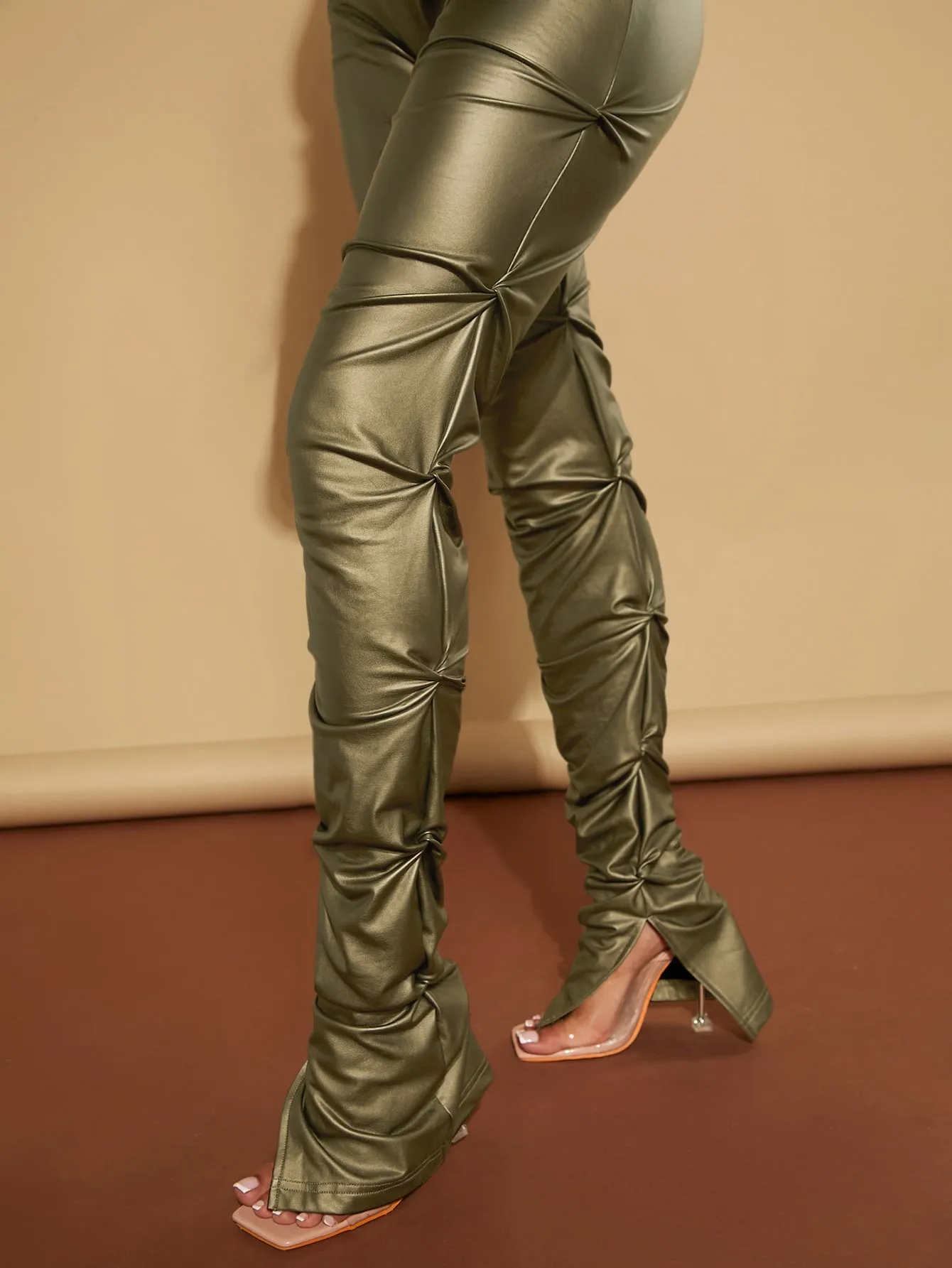 High Waist Ruched PU Leather Skinny Pants FW23