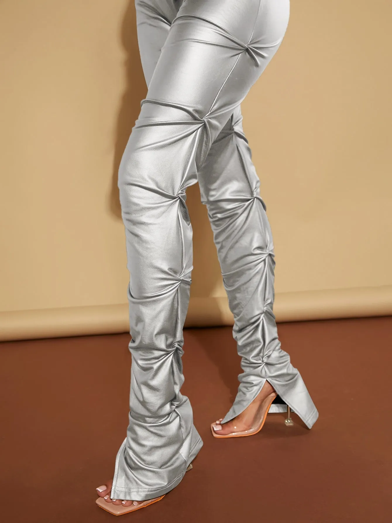 High Waist Ruched PU Leather Skinny Pants FW23