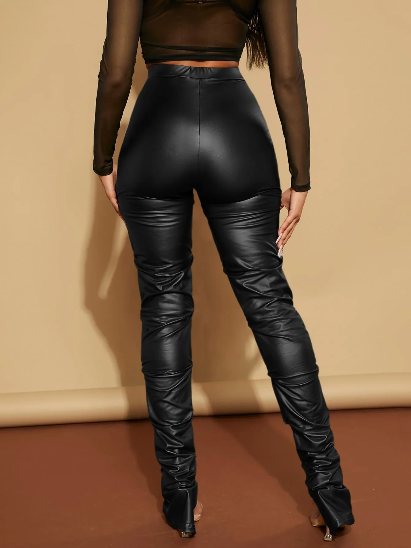High Waist Ruched PU Leather Skinny Pants FW23