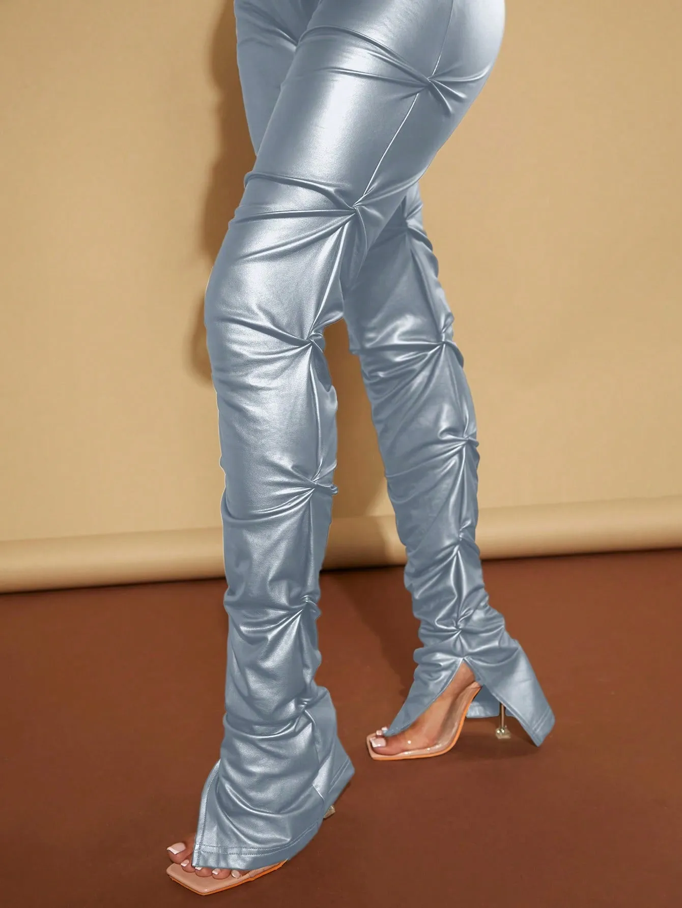 High Waist Ruched PU Leather Skinny Pants FW23