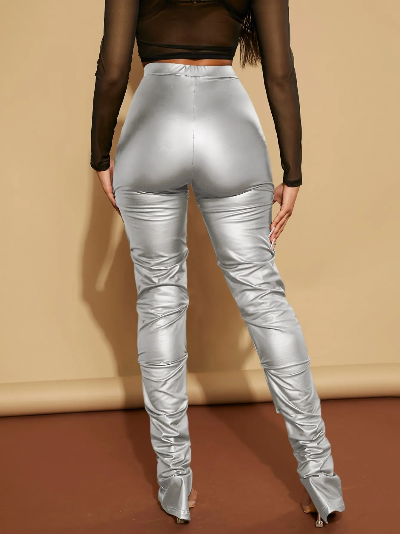 High Waist Ruched PU Leather Skinny Pants FW23