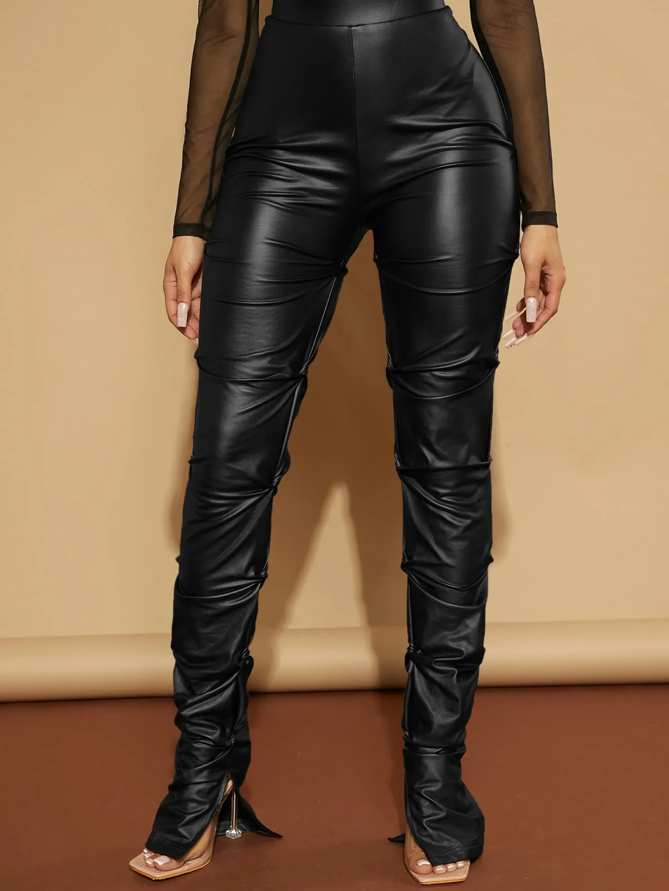 High Waist Ruched PU Leather Skinny Pants FW23